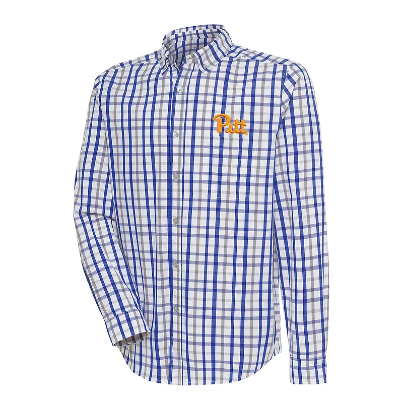 Men's Antigua  Royal/Gray Pitt Panthers Tending Tri-Blend Button-Down Long Sleeve Shirt