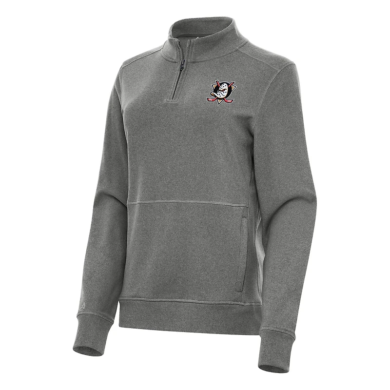 Women's Antigua Heather Black Anaheim Ducks Crush Quarter-Zip Fleece Sweatshirt
