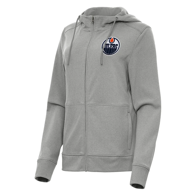 Women's Antigua Heather Gray Edmonton Oilers Seeker Full-Zip Hoodie
