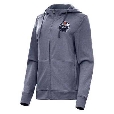 Women's Antigua Heather Navy Edmonton Oilers Seeker Full-Zip Hoodie