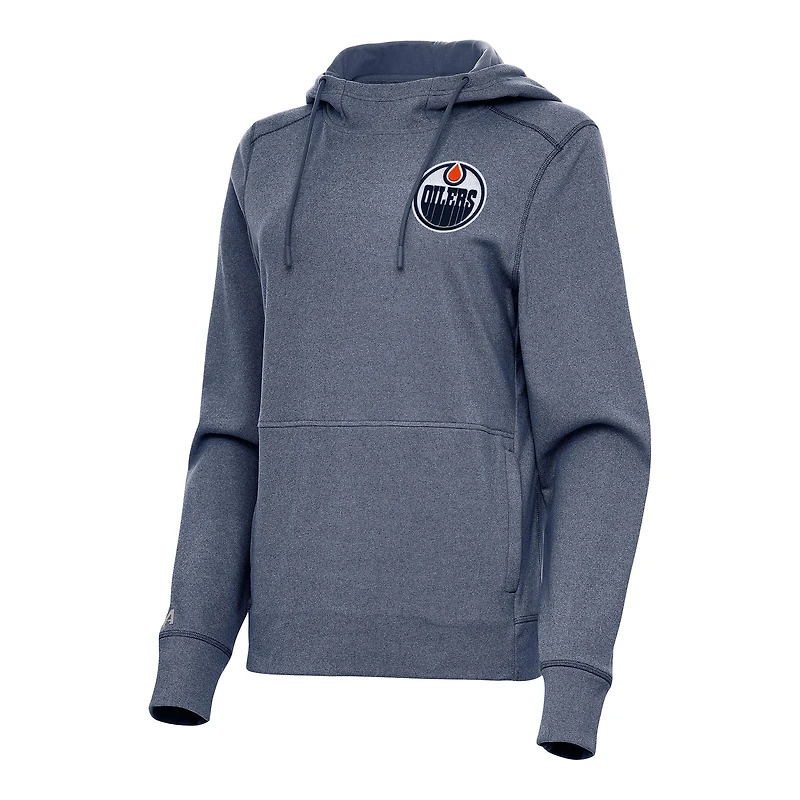 Women's Antigua Heather Navy Edmonton Oilers Justice Pullover Hoodie