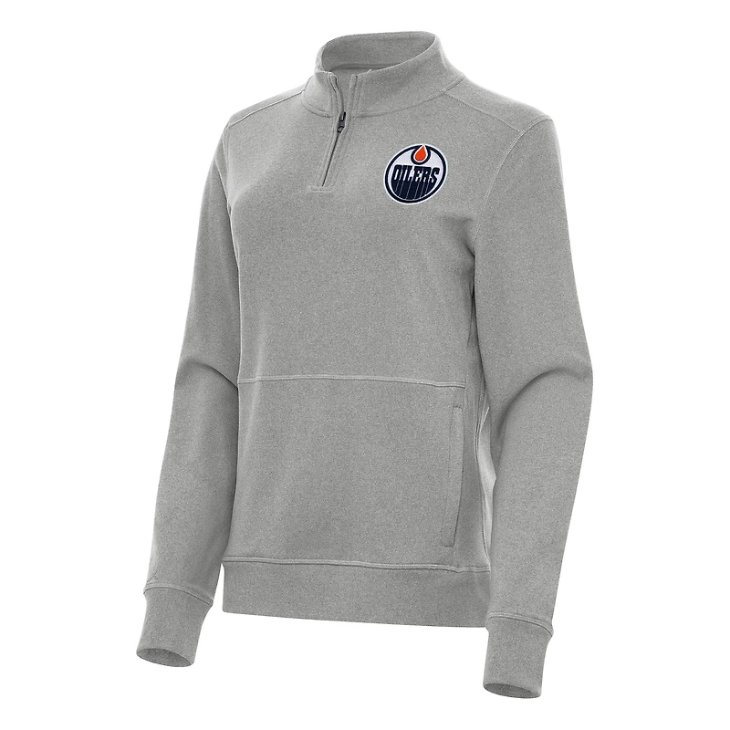 Women's Antigua Heather Gray Edmonton Oilers Crush Quarter-Zip Fleece Sweatshirt