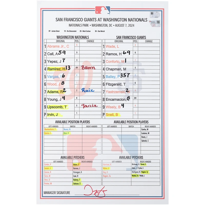 Washington Nationals Game-Used Lineup Card vs. San Francisco Giants on August 7, 2024