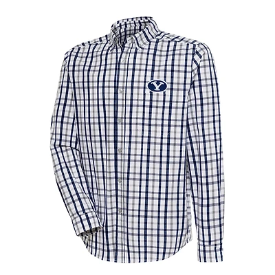 Men's Antigua Navy/Gray BYU Cougars Tending 2 Tri-Blend Long Sleeve Full-Button Shirt