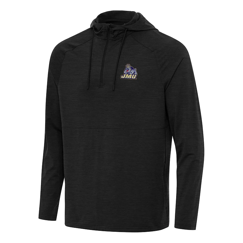 Men's Antigua Heather Black James Madison Dukes Spikes Raglan Quarter-Zip Hoodie