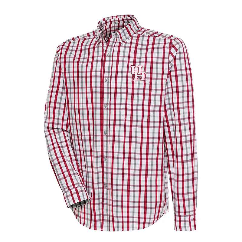 Men's Antigua Red/Gray Houston Cougars Tending 2 Tri-Blend Long Sleeve Full-Button Shirt