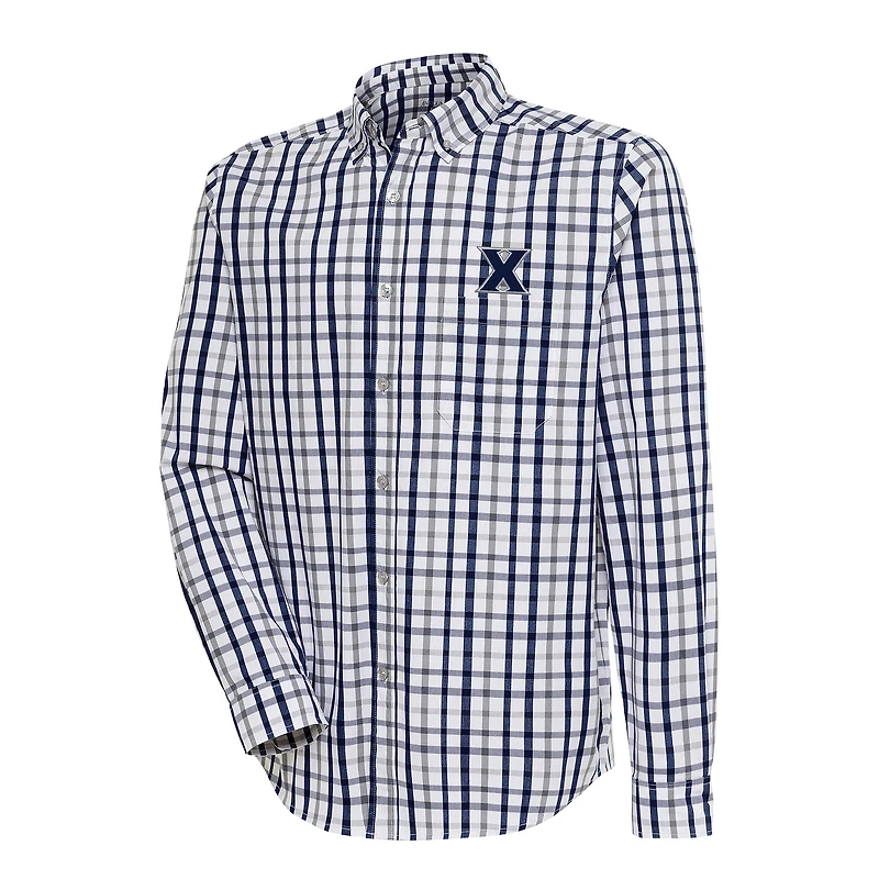 Men's Antigua Navy/Gray Xavier Musketeers Tending 2 Tri-Blend Long Sleeve Full-Button Shirt