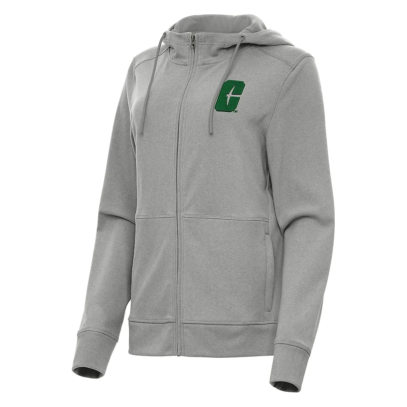 Women's Antigua Heather Gray Charlotte 49ers Seeker Full-Zip Hoodie