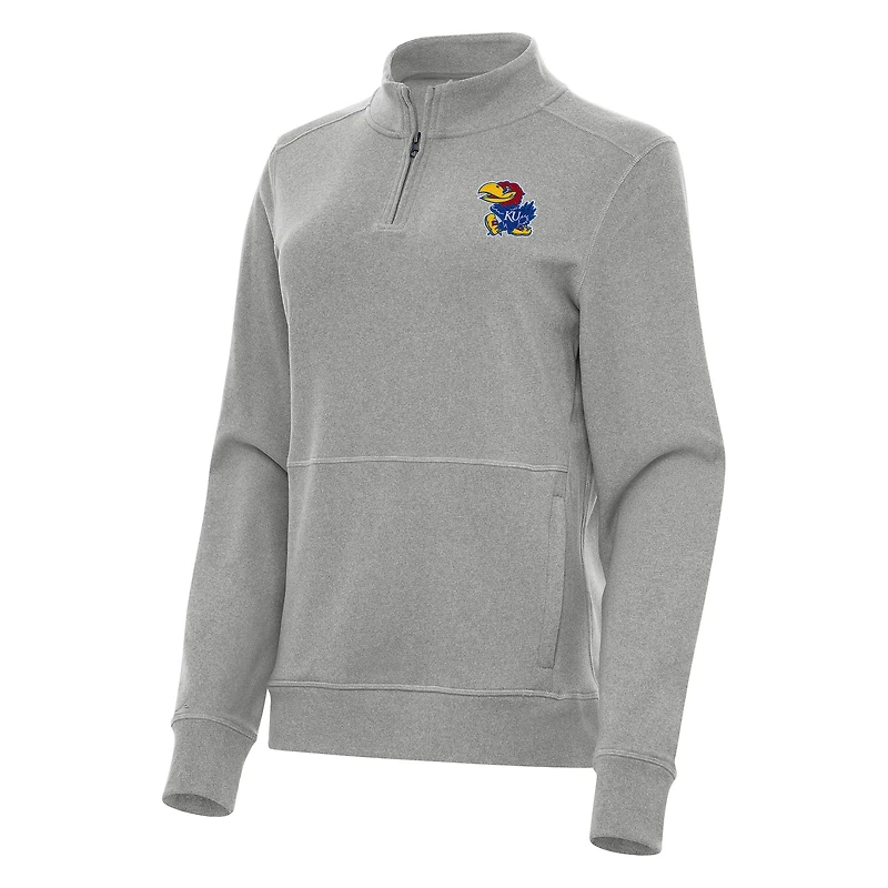 Women's Antigua Heather Gray Kansas Jayhawks Crush Quarter-Zip Fleece Sweatshirt