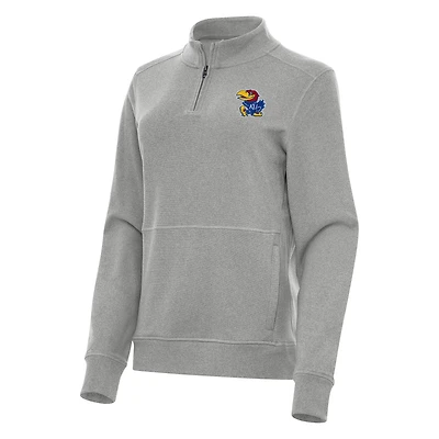 Women's Antigua Heather Gray Kansas Jayhawks Crush Quarter-Zip Fleece Sweatshirt