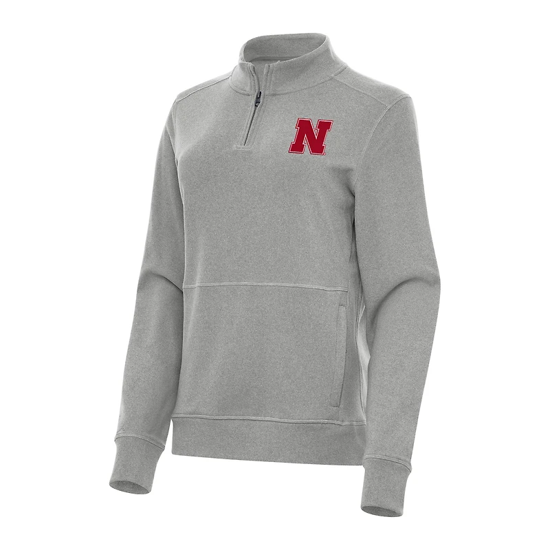 Women's Antigua Heather Gray Nebraska Huskers Crush Quarter-Zip Fleece Sweatshirt