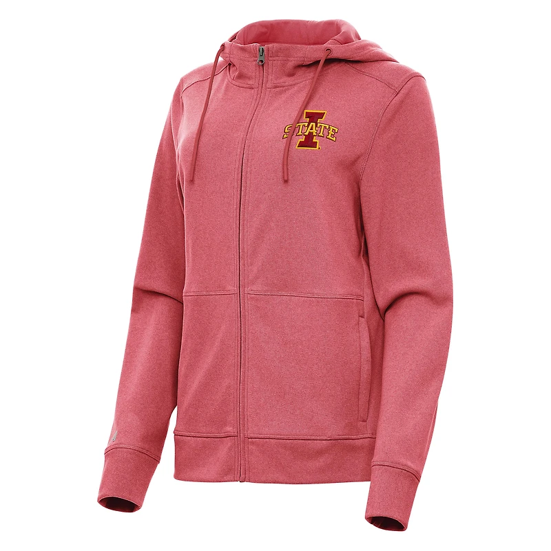 Women's Antigua Heather Red Iowa State Cyclones Seeker Full-Zip Hoodie