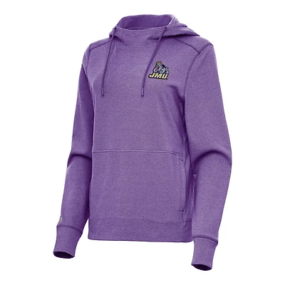 Women's Antigua Heather Purple James Madison Dukes Justice Pullover Hoodie