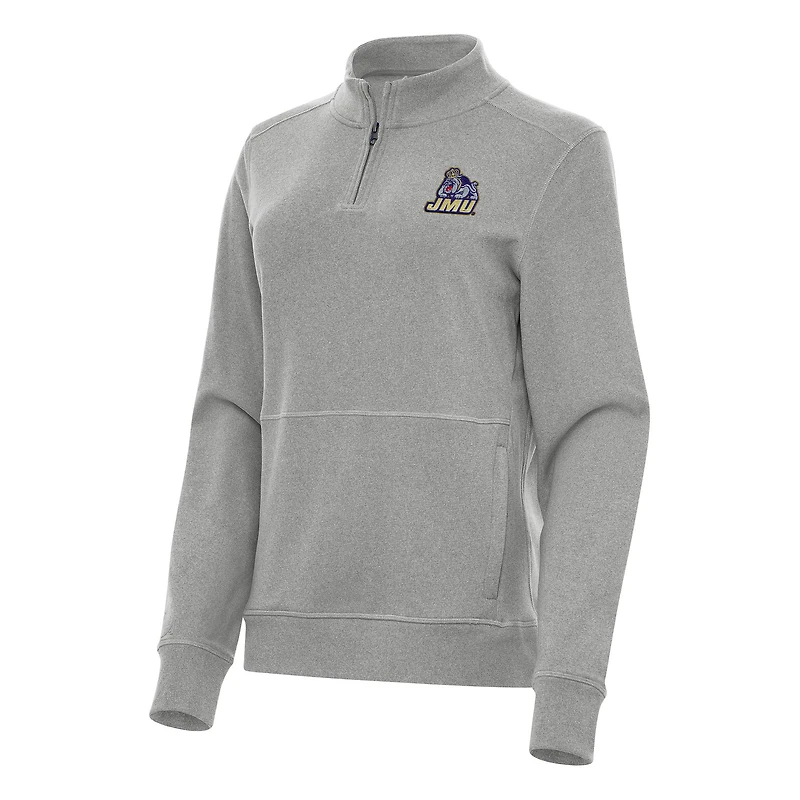 Women's Antigua Heather Gray James Madison Dukes Crush Quarter-Zip Fleece Sweatshirt