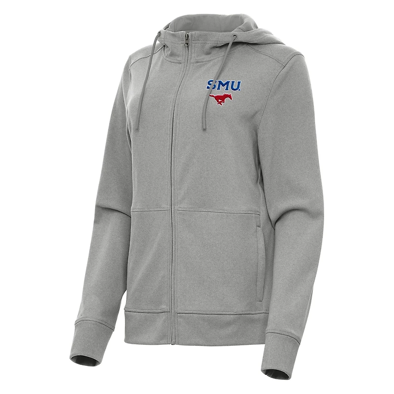 Women's Antigua Heather Gray SMU Mustangs Seeker Full-Zip Hoodie