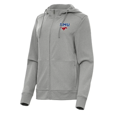 Women's Antigua Heather Gray SMU Mustangs Seeker Full-Zip Hoodie