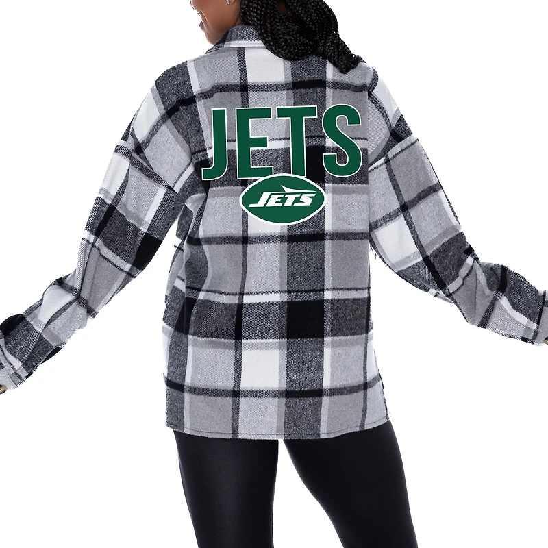 Women's Gameday Couture Gray New York Jets  Fieldside Fun Plaid Button-Up Overshirt