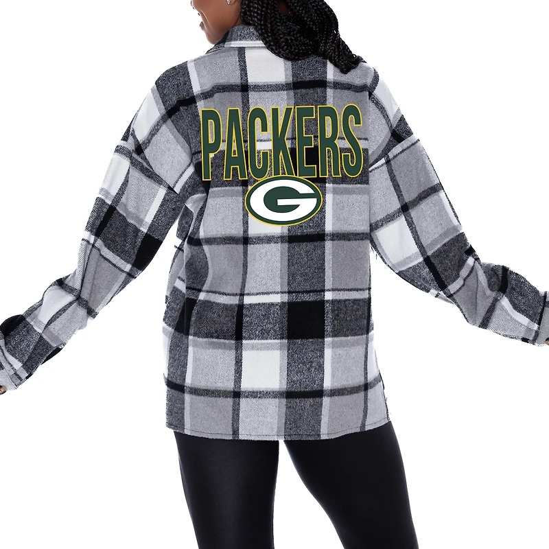 Women's Gameday Couture Gray Green Bay Packers  Fieldside Fun Plaid Button-Up Overshirt