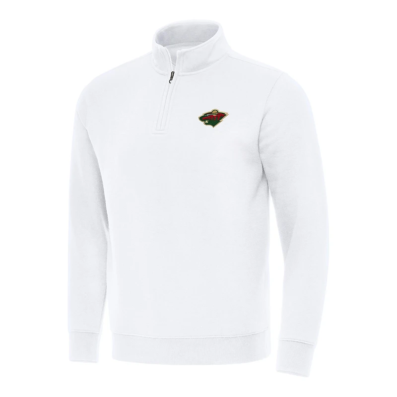 Men's Antigua White Minnesota Wild Victory Quarter-Zip Mock Sweatshirt