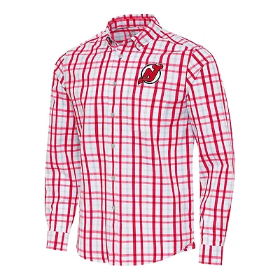 Men's Antigua  Red/Gray New Jersey Devils Tending 2 Button-Down Long Sleeve Shirt