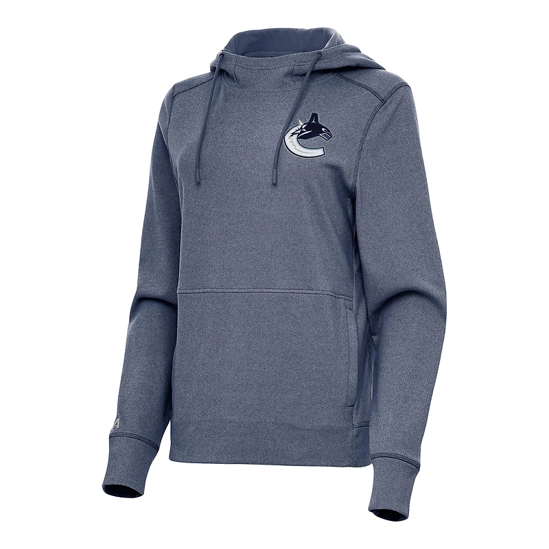 Women's Antigua Heather Navy Vancouver Canucks Justice Pullover Hoodie