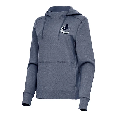 Women's Antigua Heather Navy Vancouver Canucks Justice Pullover Hoodie