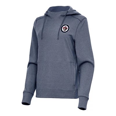 Women's Antigua Heather Navy Winnipeg Jets Justice Pullover Hoodie