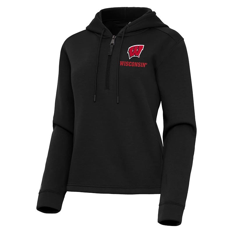 Women's Antigua  Black Wisconsin Badgers Contemporary Quarter-Zip Hoodie