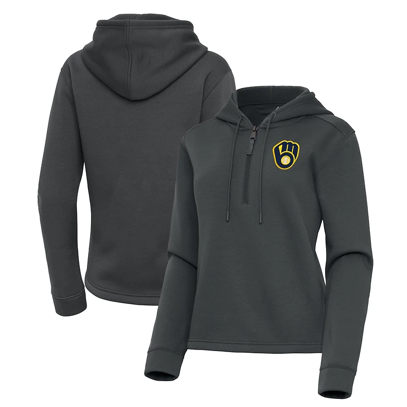 Women's Antigua  Pewter Milwaukee Brewers Contemporary Quarter-Zip Hoodie