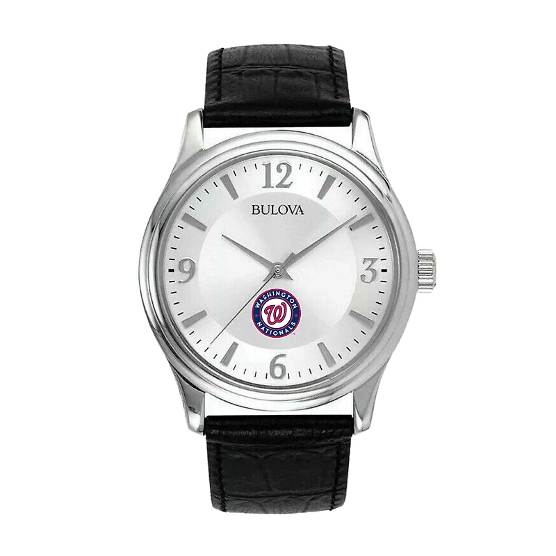 Men's Bulova Silver Washington Nationals Leather Strap Watch