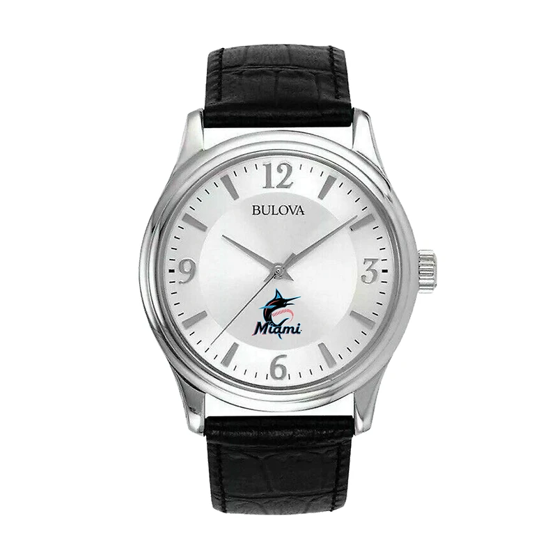 Men's Bulova Silver Miami Marlins Leather Strap Watch