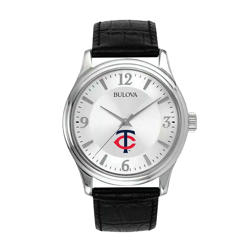 Men's Bulova Silver Minnesota Twins Leather Strap Watch