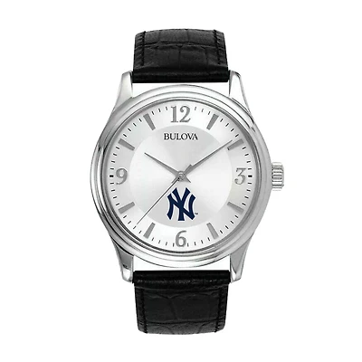 Men's Bulova Silver New York Yankees Leather Strap Watch