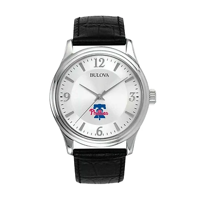 Men's Bulova Silver Philadelphia Phillies Leather Strap Watch