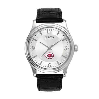 Men's Bulova Silver Cincinnati Reds Leather Strap Watch