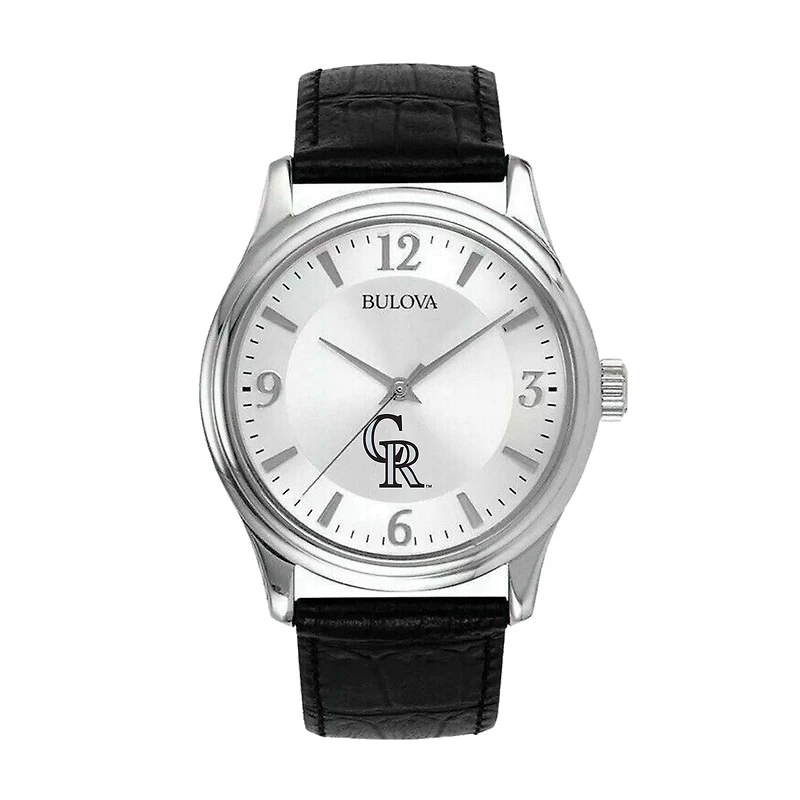 Men's Bulova Silver Colorado Rockies Leather Strap Watch