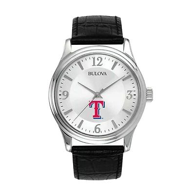 Men's Bulova Silver Texas Rangers Leather Strap Watch