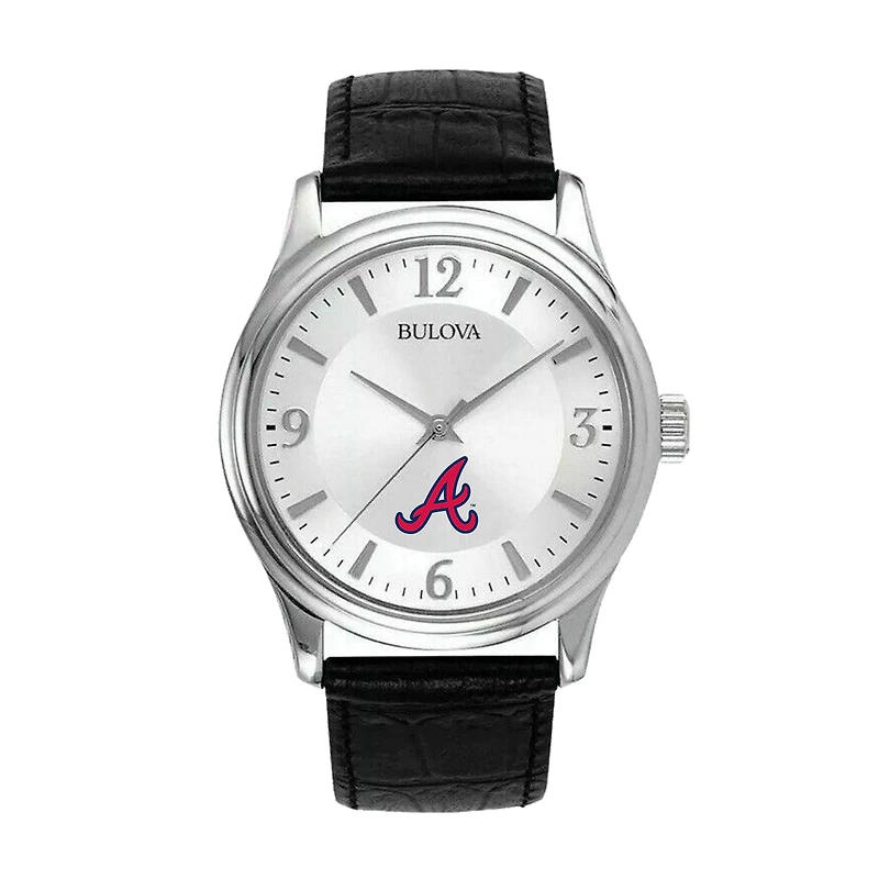 Men's Bulova Silver Atlanta Braves Leather Strap Watch