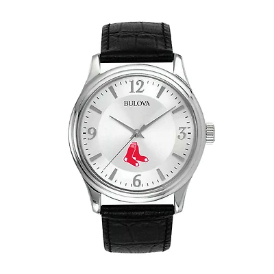 Men's Bulova Silver Boston Red Sox Leather Strap Watch