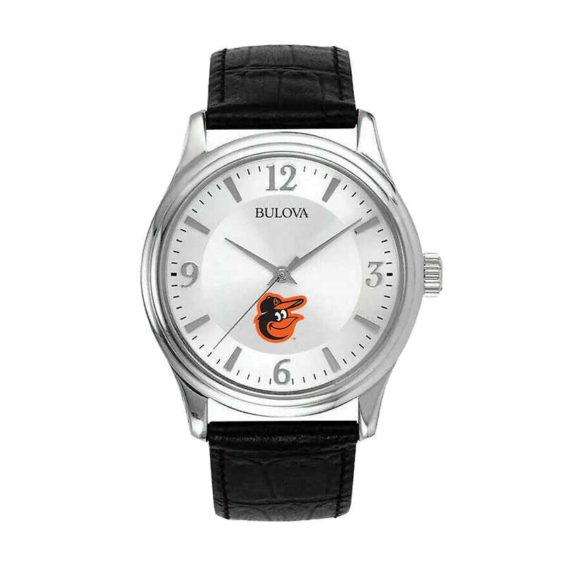 Men's Bulova Silver Baltimore Orioles Leather Strap Watch
