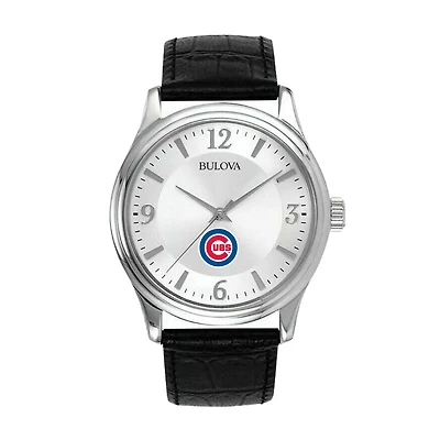 Men's Bulova Silver Chicago Cubs Leather Strap Watch