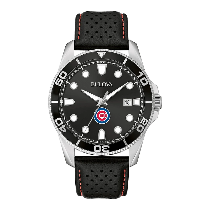 Men's Bulova Black Chicago Cubs Sport Leather Strap Watch