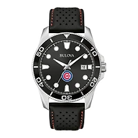 Men's Bulova Black Chicago Cubs Sport Leather Strap Watch