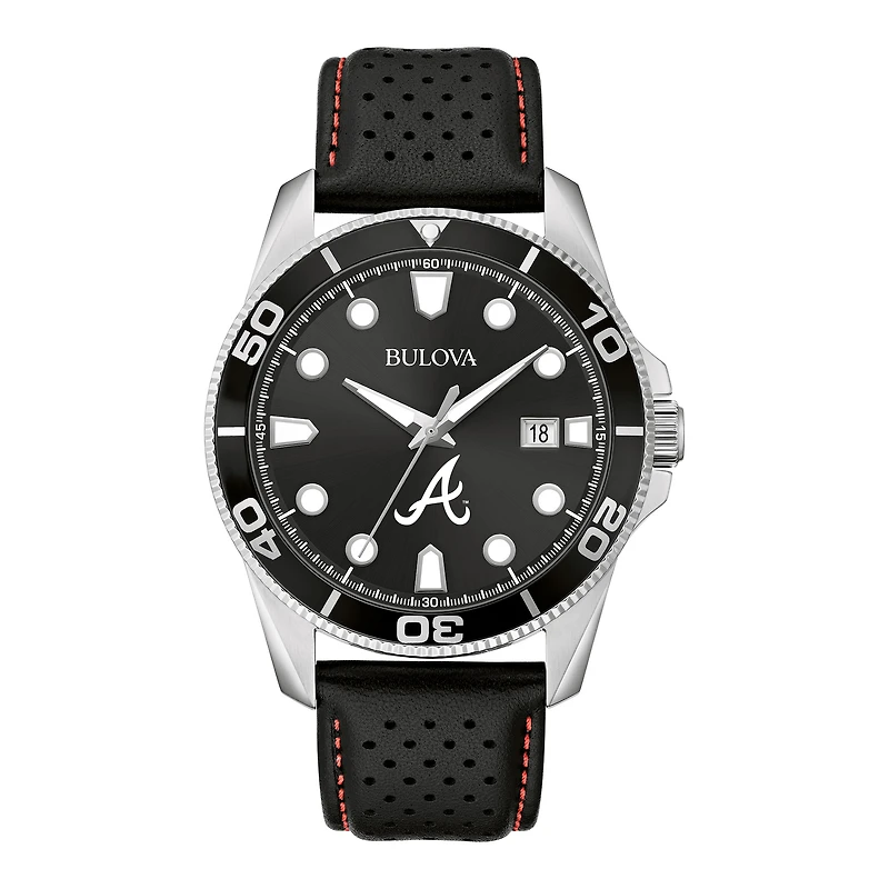 Men's Bulova Black Atlanta Braves Sport Leather Strap Watch