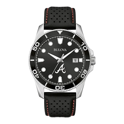Men's Bulova Black Atlanta Braves Sport Leather Strap Watch