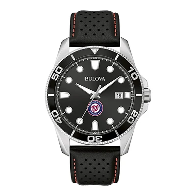 Men's Bulova Black Washington Nationals Sport Leather Strap Watch