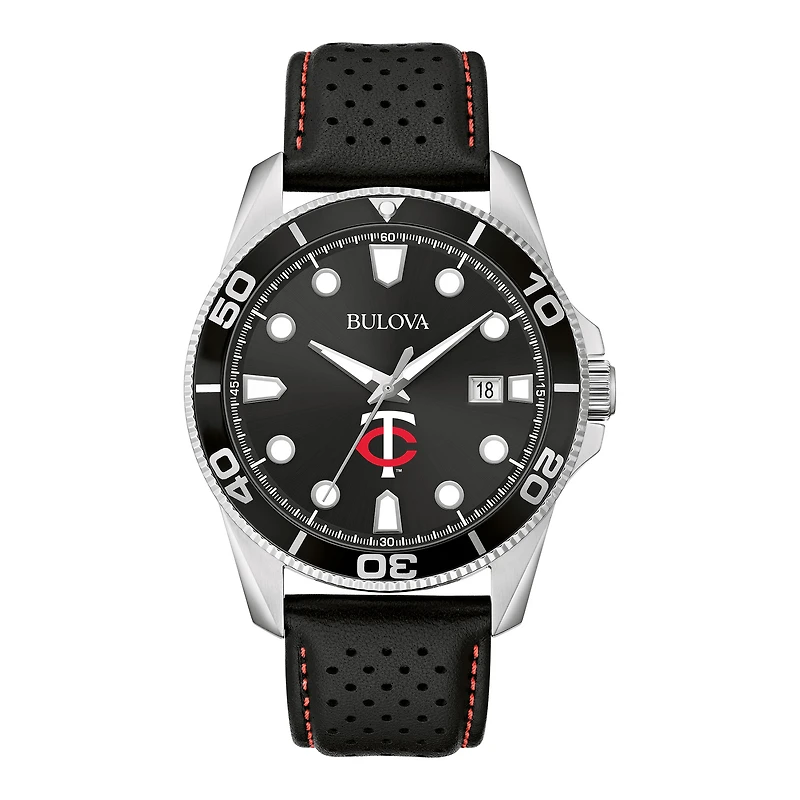 Men's Bulova Black Minnesota Twins Sport Leather Strap Watch