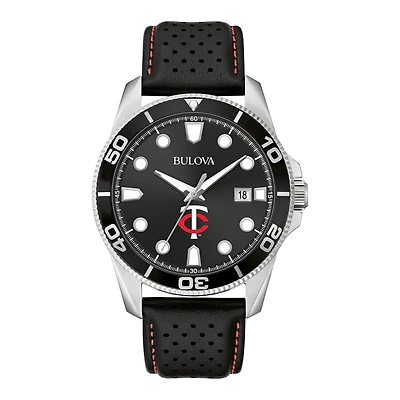 Men's Bulova Black Minnesota Twins Sport Leather Strap Watch