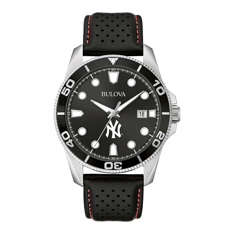 Men's Bulova Black New York Yankees Sport Leather Strap Watch