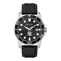Men's Bulova Black New York Yankees Sport Leather Strap Watch